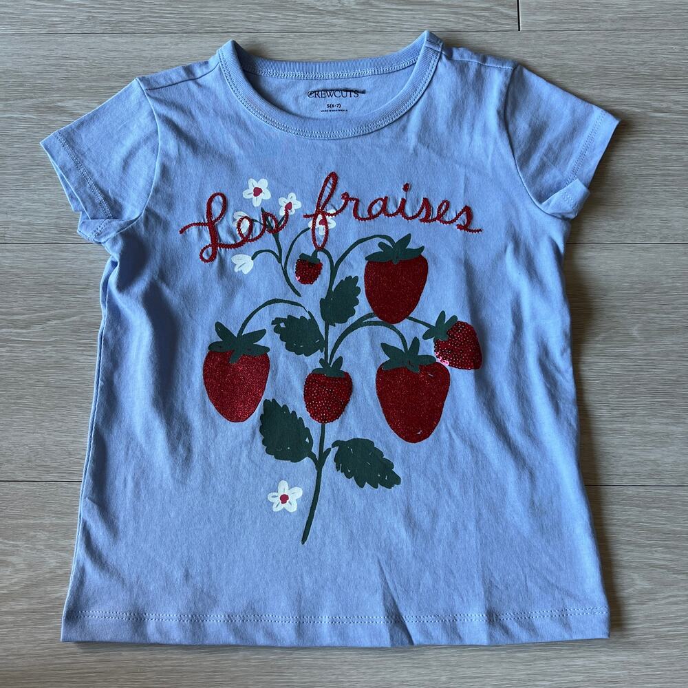 Crewcuts Kids Strawberry Tee Small 6-7 Years With Embellishments Blue Tiny Flaw